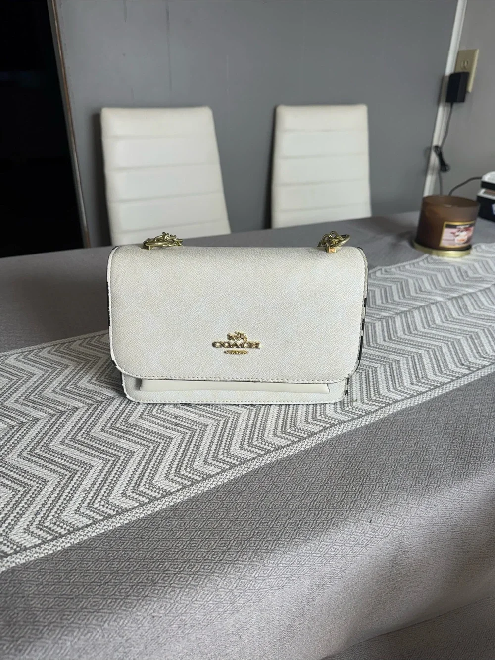 Coach Cream Leather Crossbody with Gold-Tone Chain